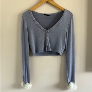 Hazel Boutique Blue Feather Cuff Cropped Cardigan Top | Long Sleeve